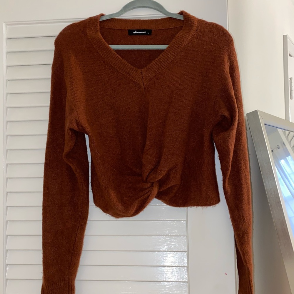 burnt orange “tie” sweater